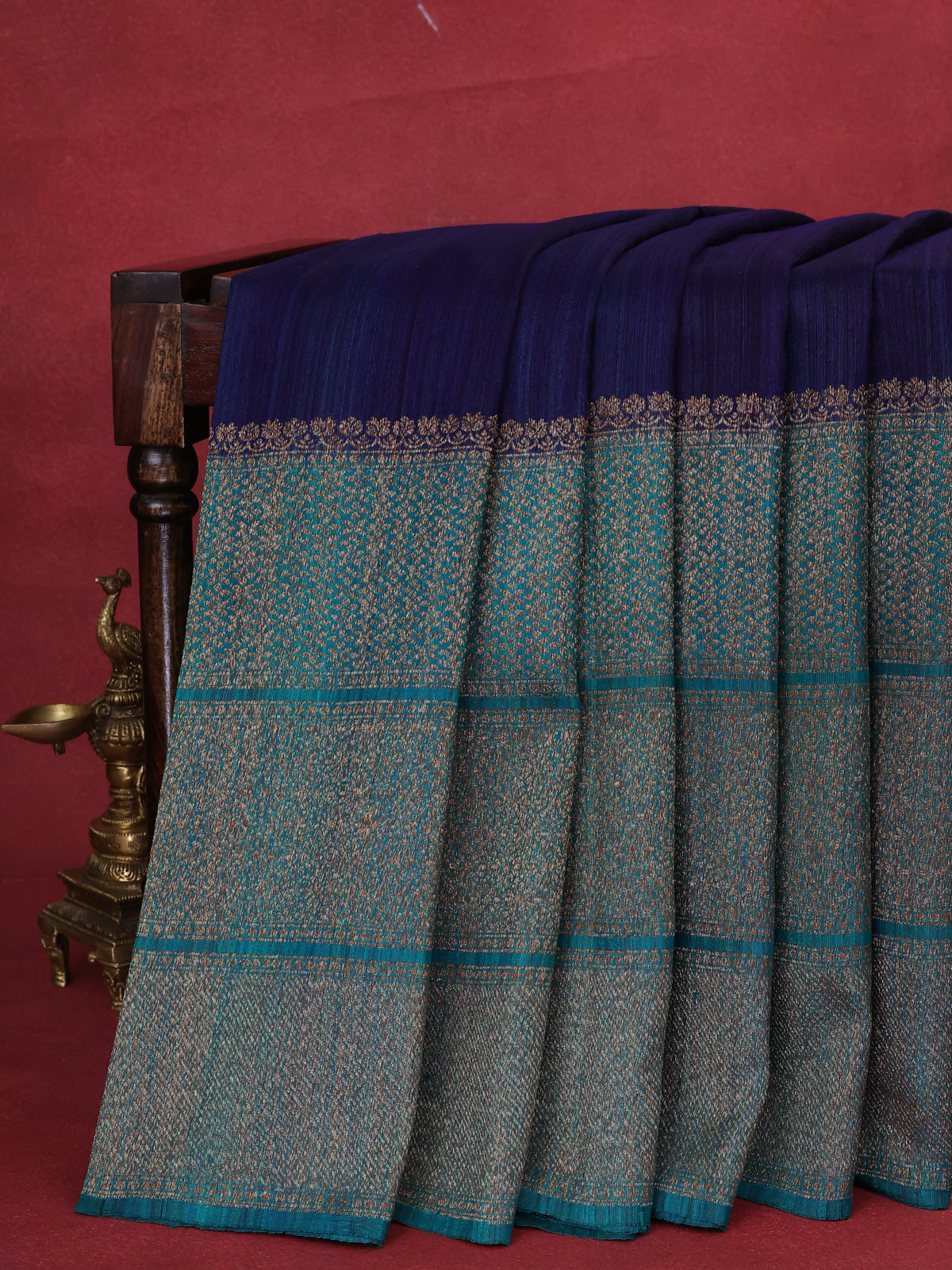 Blue -Teal Green Banarasi Tussar Saree With Plain Body & Long Antique Zari Border