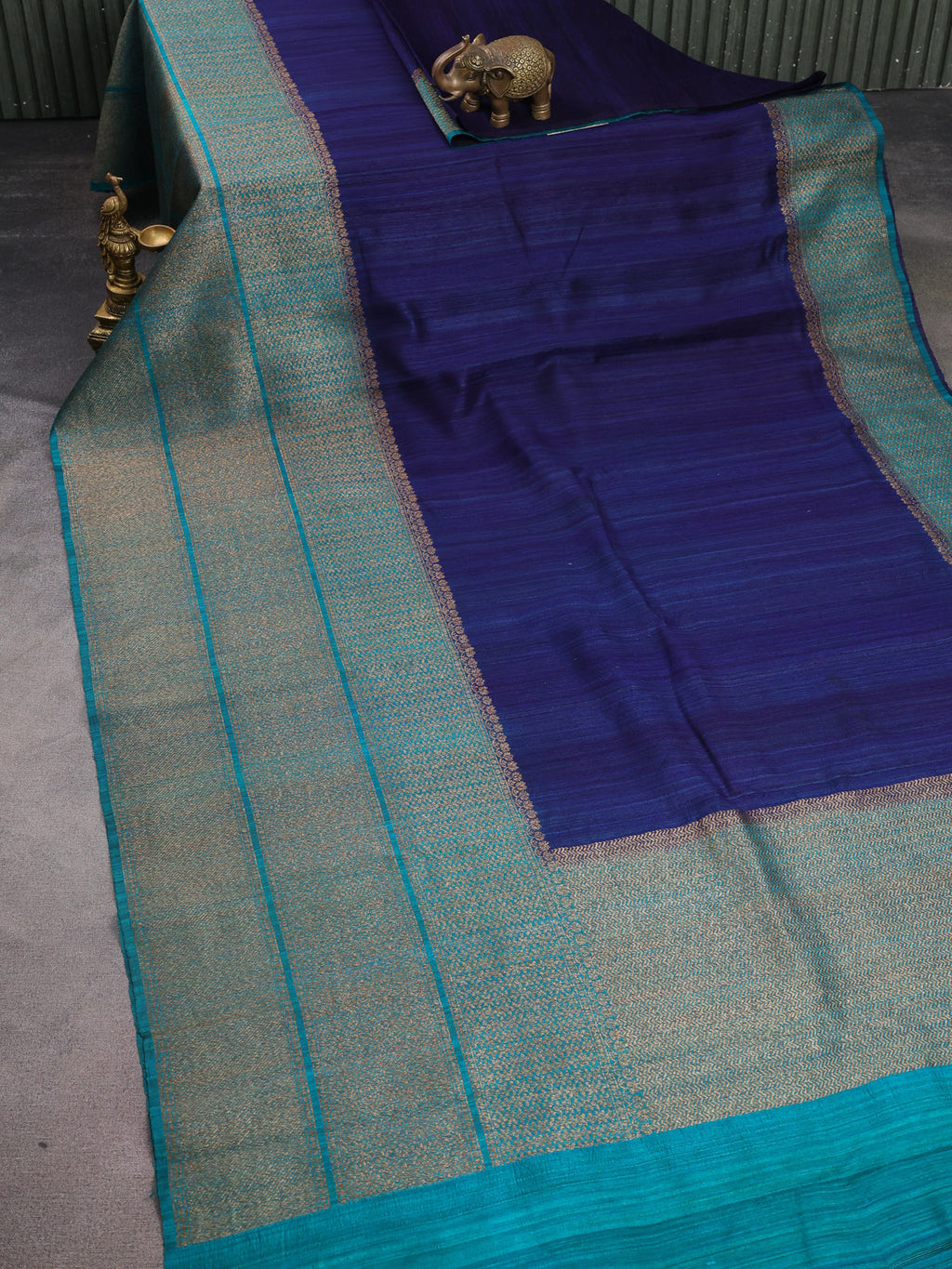 Blue -Teal Green Banarasi Tussar Saree With Plain Body & Long Antique Zari Border