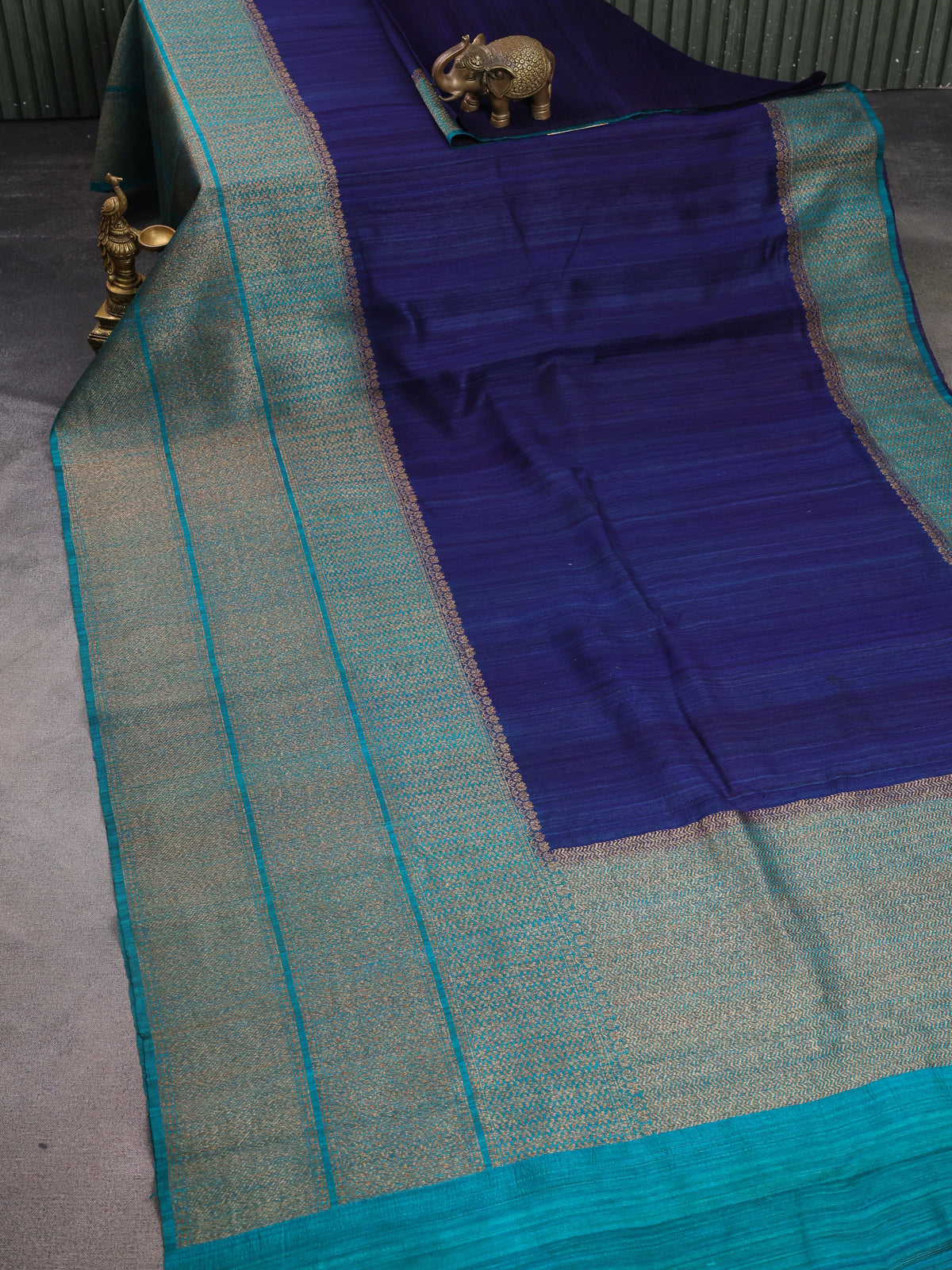 Blue -Teal Green Banarasi Tussar Saree With Plain Body & Long Antique Zari Border