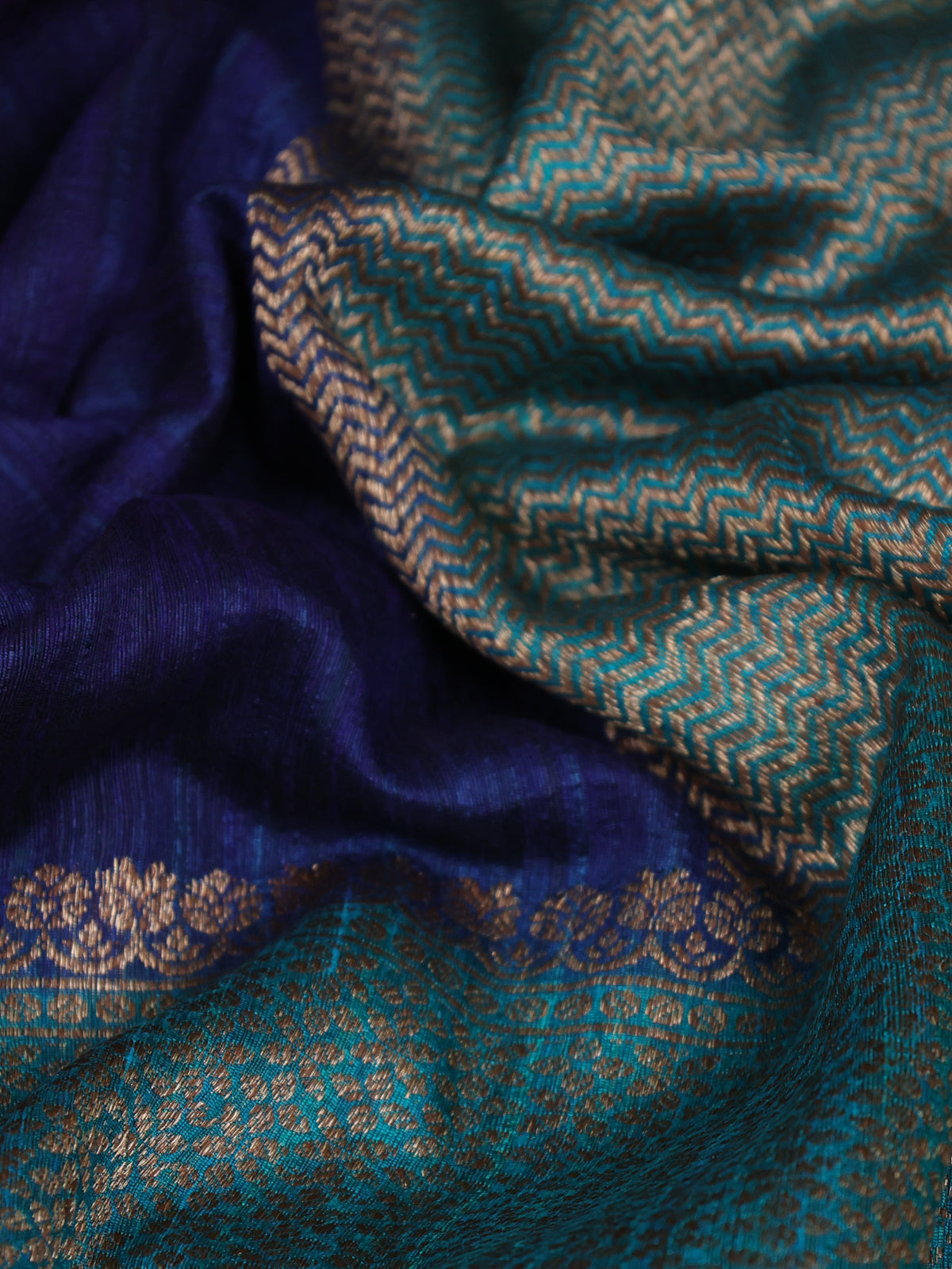 Blue -Teal Green Banarasi Tussar Saree With Plain Body & Long Antique Zari Border
