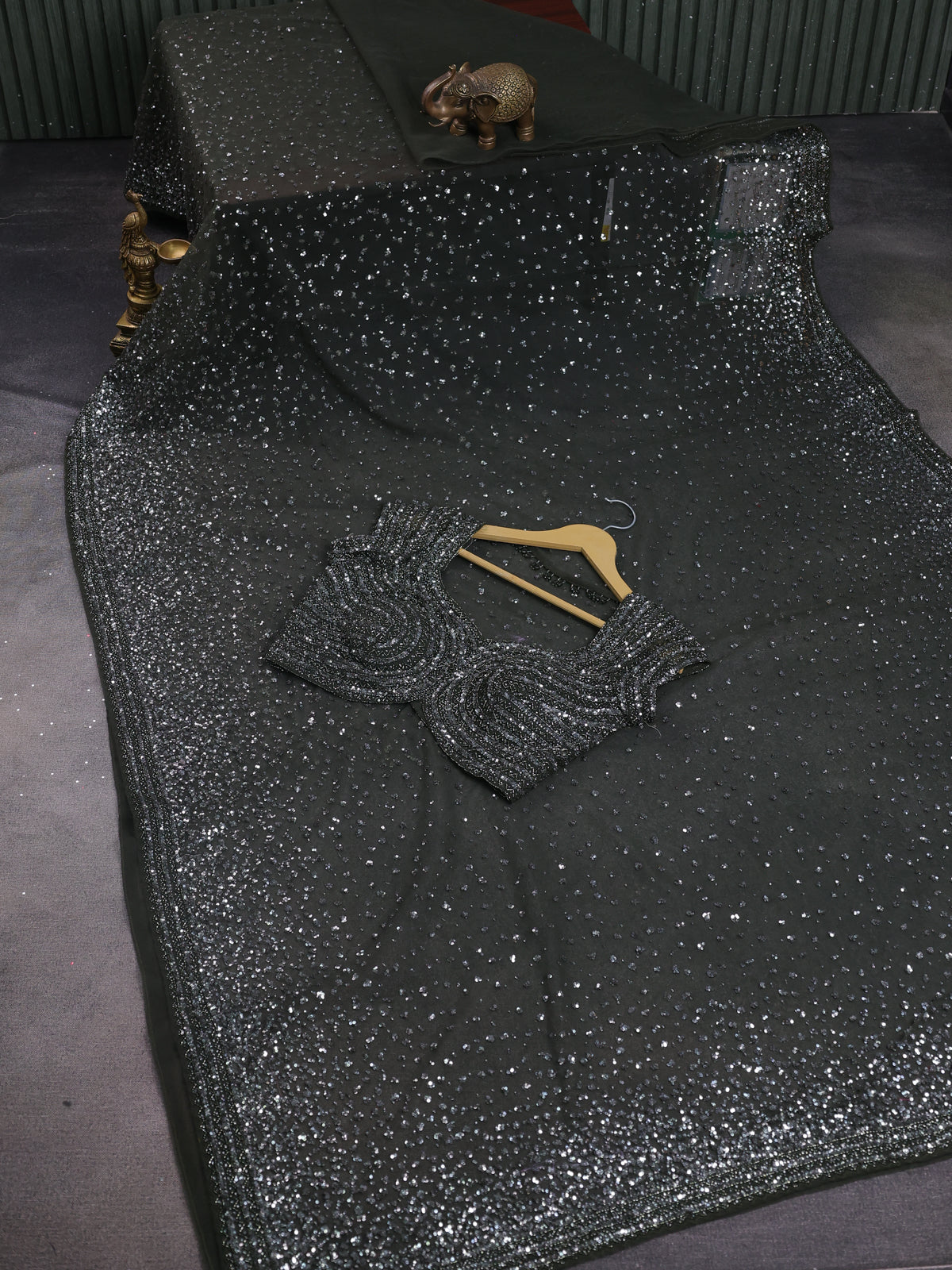 Dark Sap Green Netted Saree With Allover Squin Work & Readymade Work Blouse