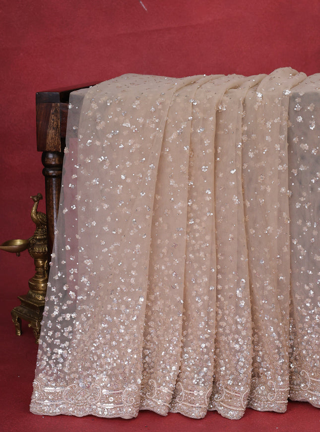 Beige Netted Saree With Allover Sequin Work & Readymade Work Blouse