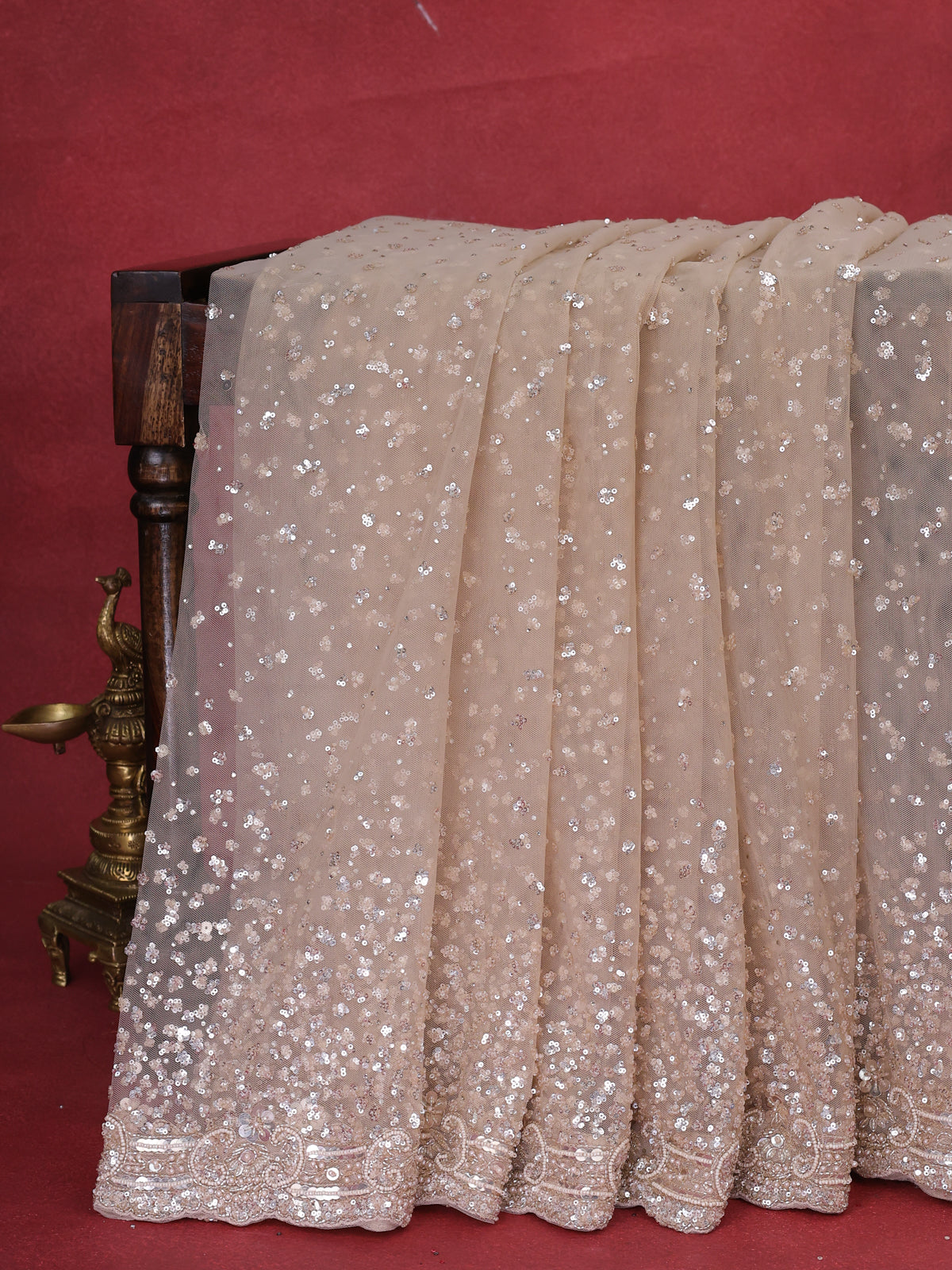 Beige Netted Saree With Allover Sequin Work & Readymade Work Blouse