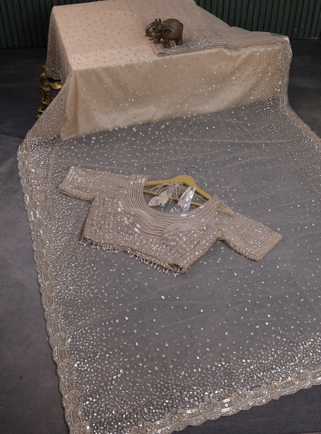 Beige Netted Saree With Allover Sequin Work & Readymade Work Blouse