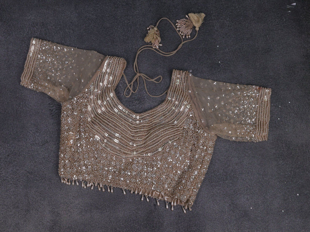 Beige Netted Saree With Allover Sequin Work & Readymade Work Blouse