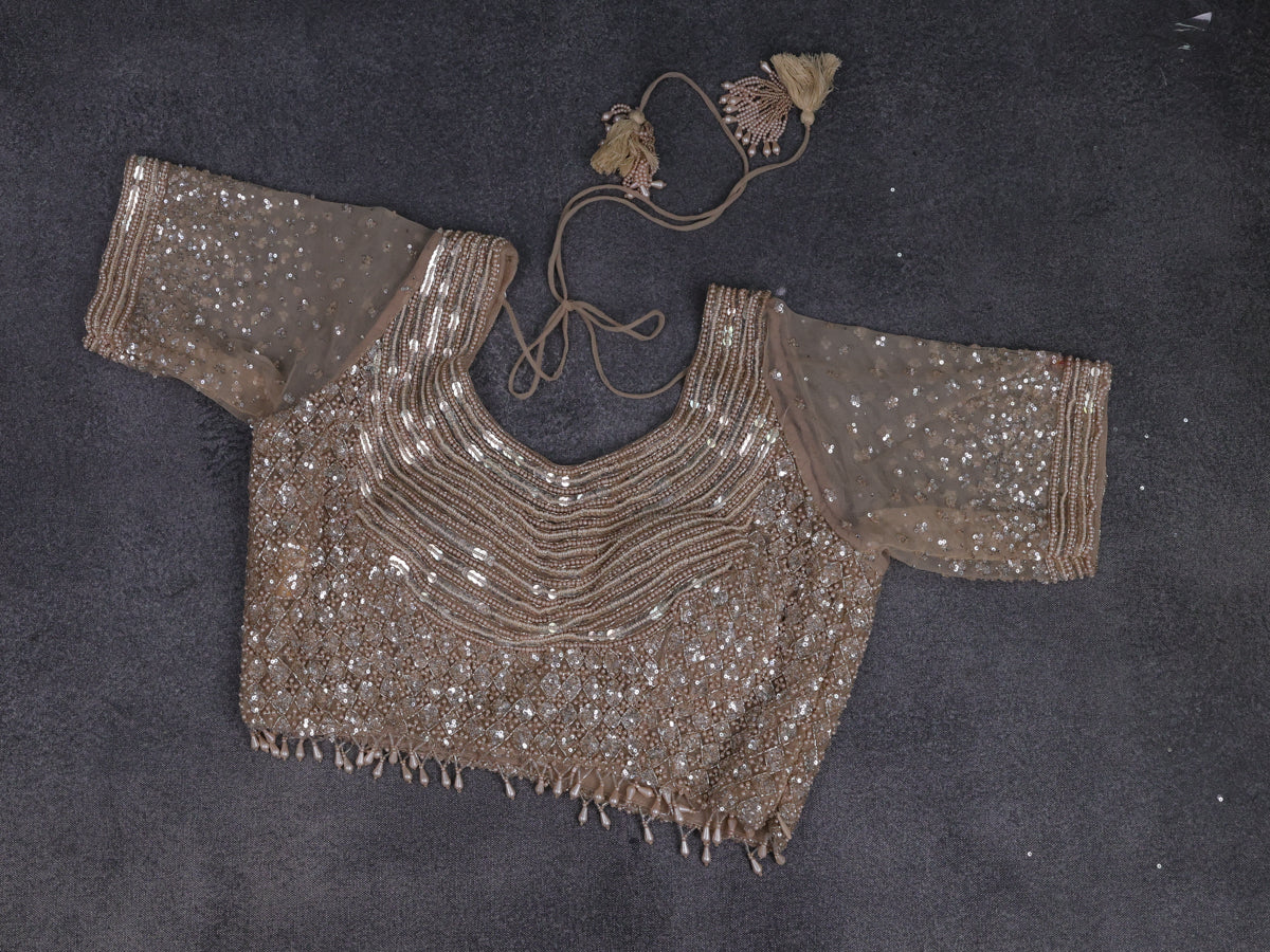 Beige Netted Saree With Allover Sequin Work & Readymade Work Blouse
