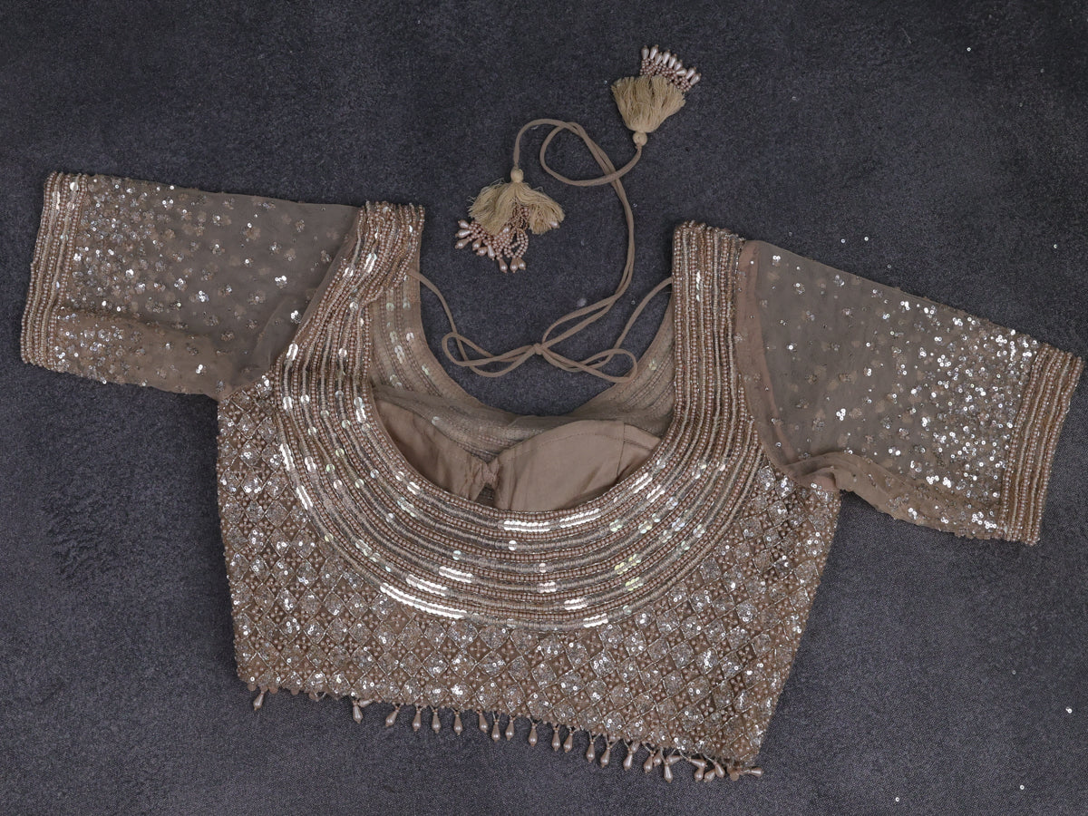 Beige Netted Saree With Allover Sequin Work & Readymade Work Blouse