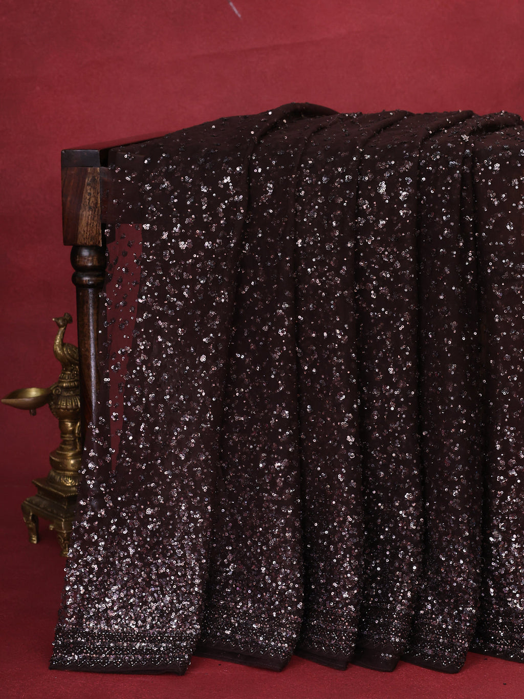 Coffee Brown Netted Saree With  Allover Sequin Work &  Readymade Work Blouse
