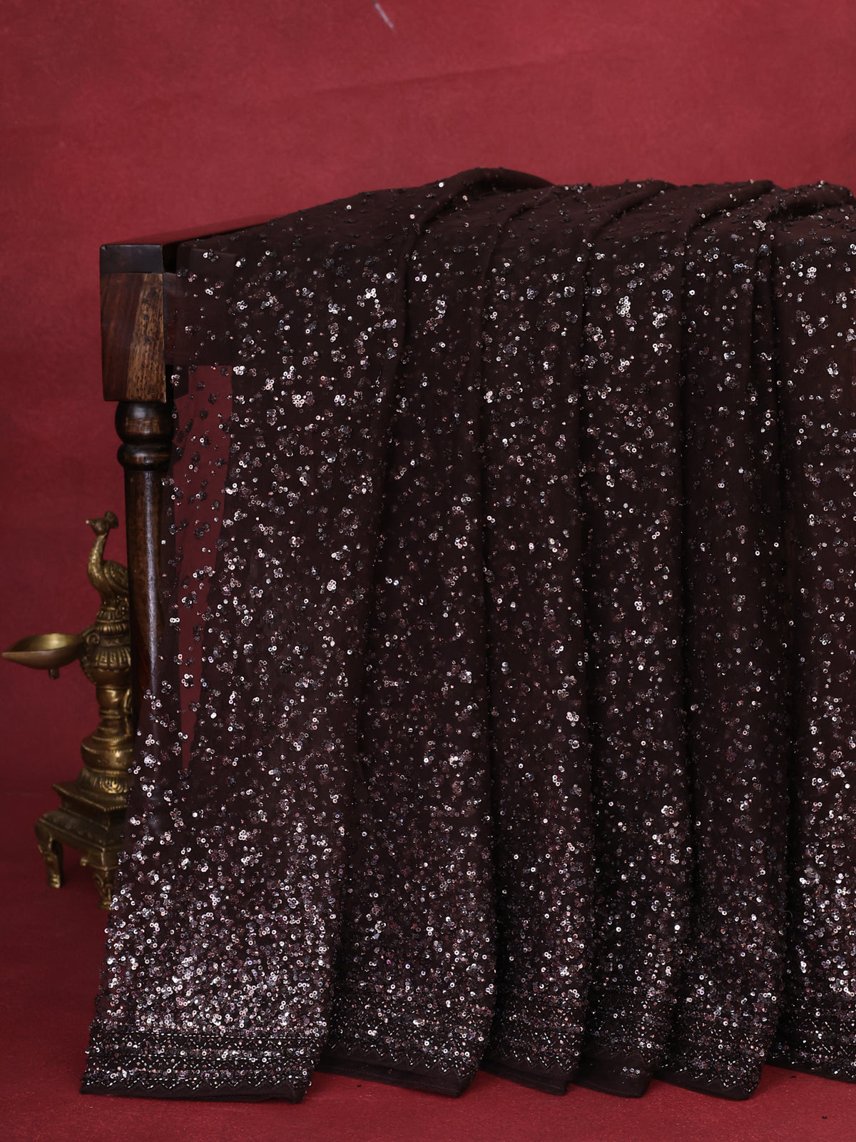 Coffee Brown Netted Saree With  Allover Sequin Work &  Readymade Work Blouse