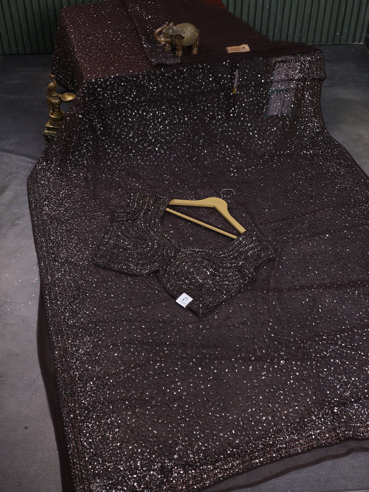 Coffee Brown Netted Saree With  Allover Sequin Work &  Readymade Work Blouse