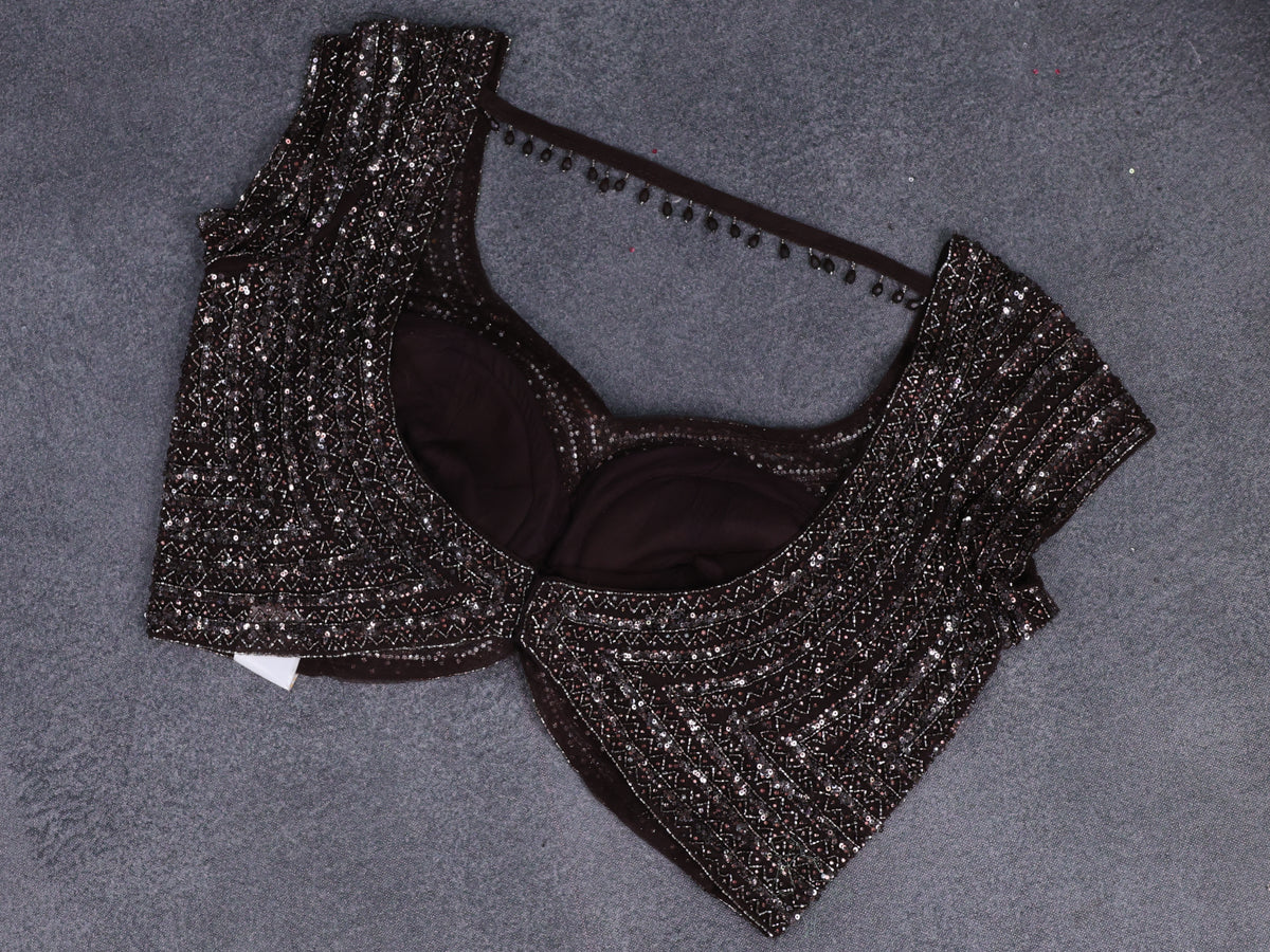 Coffee Brown Netted Saree With  Allover Sequin Work &  Readymade Work Blouse