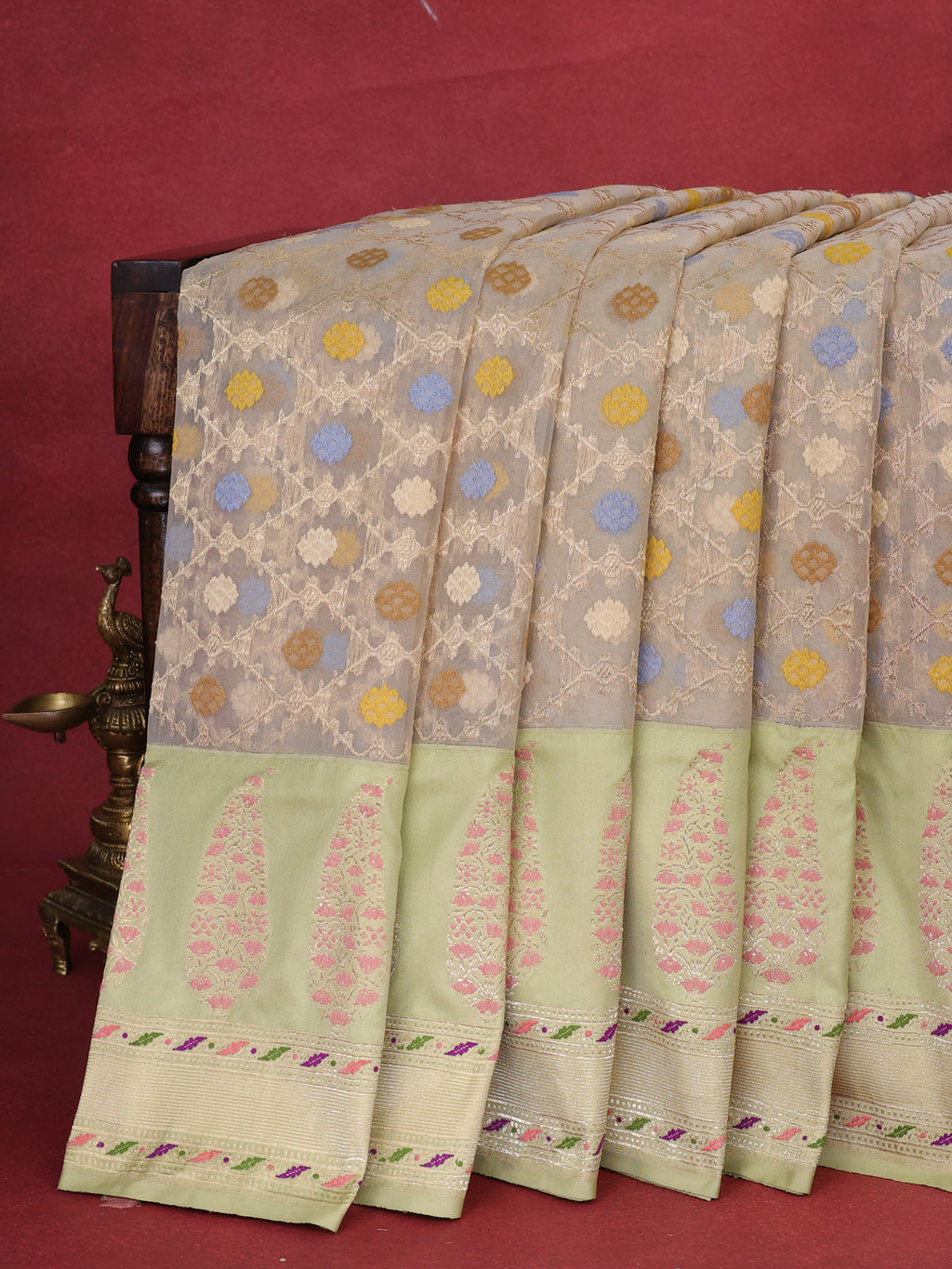 Beige - Pista Green Banarasi Kora Saree With Allover Thread & Weaves