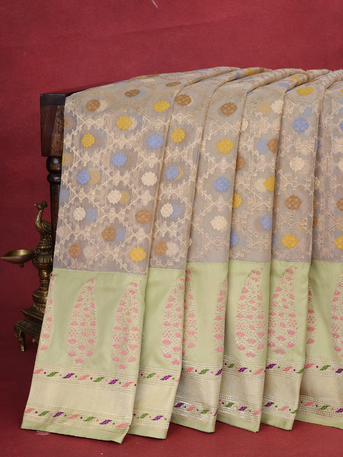 Beige - Pista Green Banarasi Kora Saree With Allover Thread & Weaves