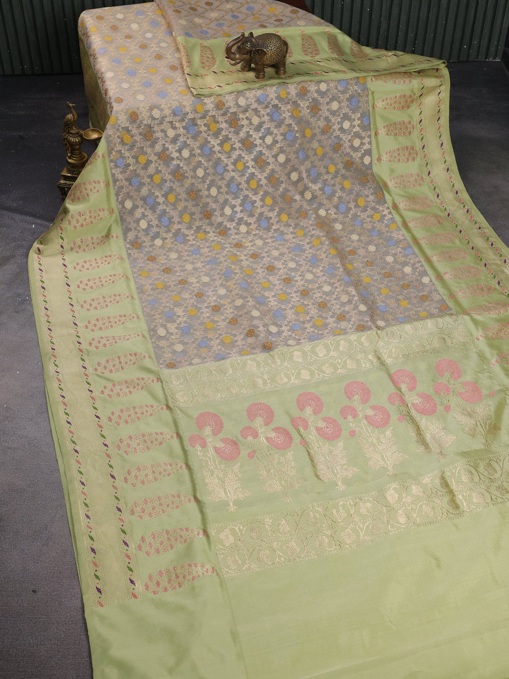 Beige - Pista Green Banarasi Kora Saree With Allover Thread & Weaves