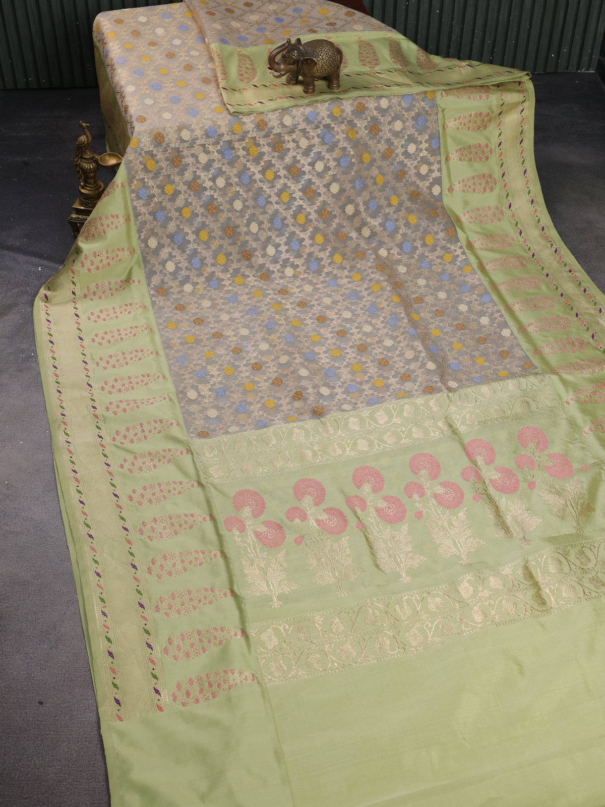 Beige - Pista Green Banarasi Kora Saree With Allover Thread & Weaves