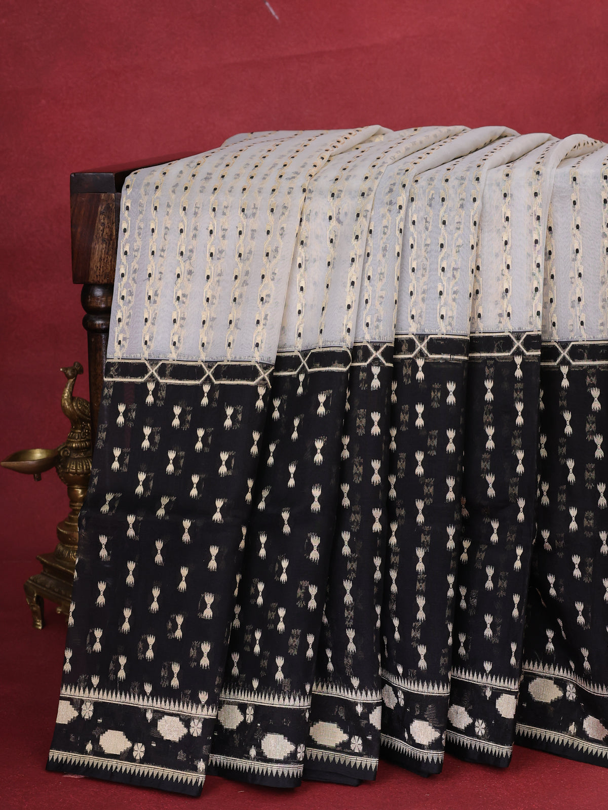 Off White - Black Banarasi Kora Saree With Zari Weaves & Long Motifi Border