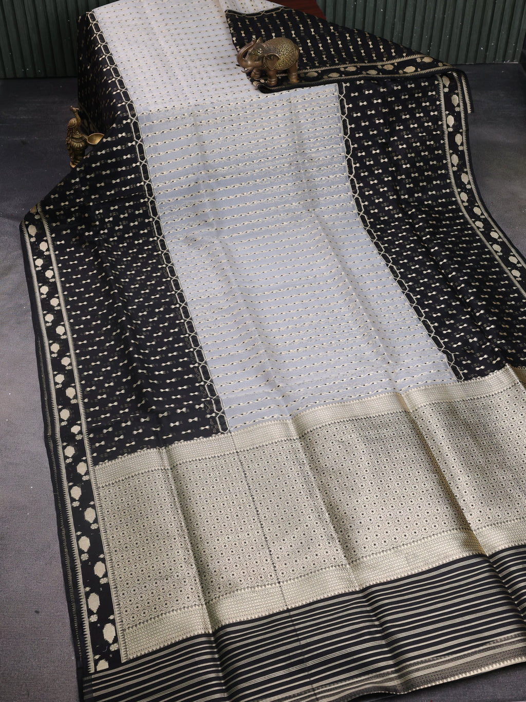 Off White - Black Banarasi Kora Saree With Zari Weaves & Long Motifi Border