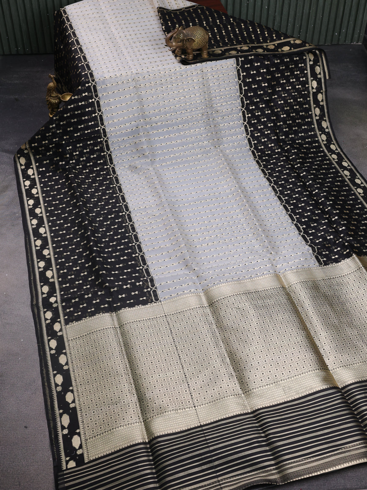 Off White - Black Banarasi Kora Saree With Zari Weaves & Long Motifi Border