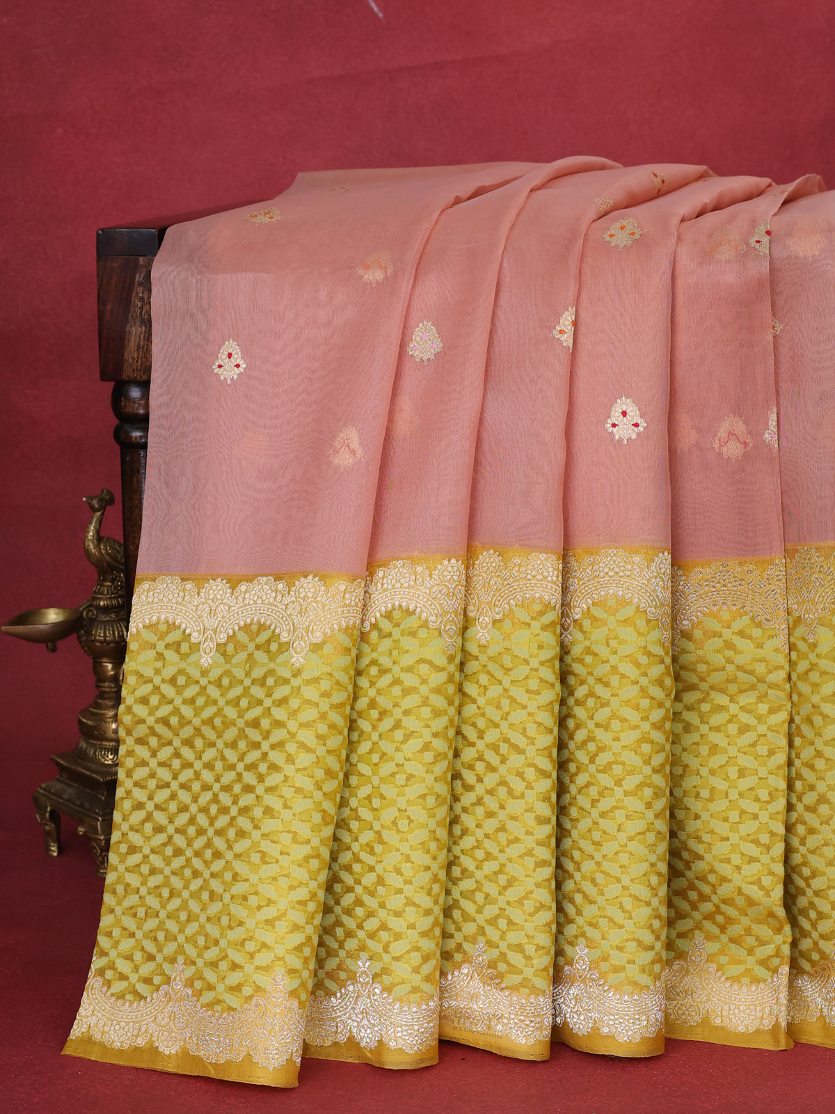 Peach - Yellow Banarasi Kora Saree With Zari Butta Floral Motifi