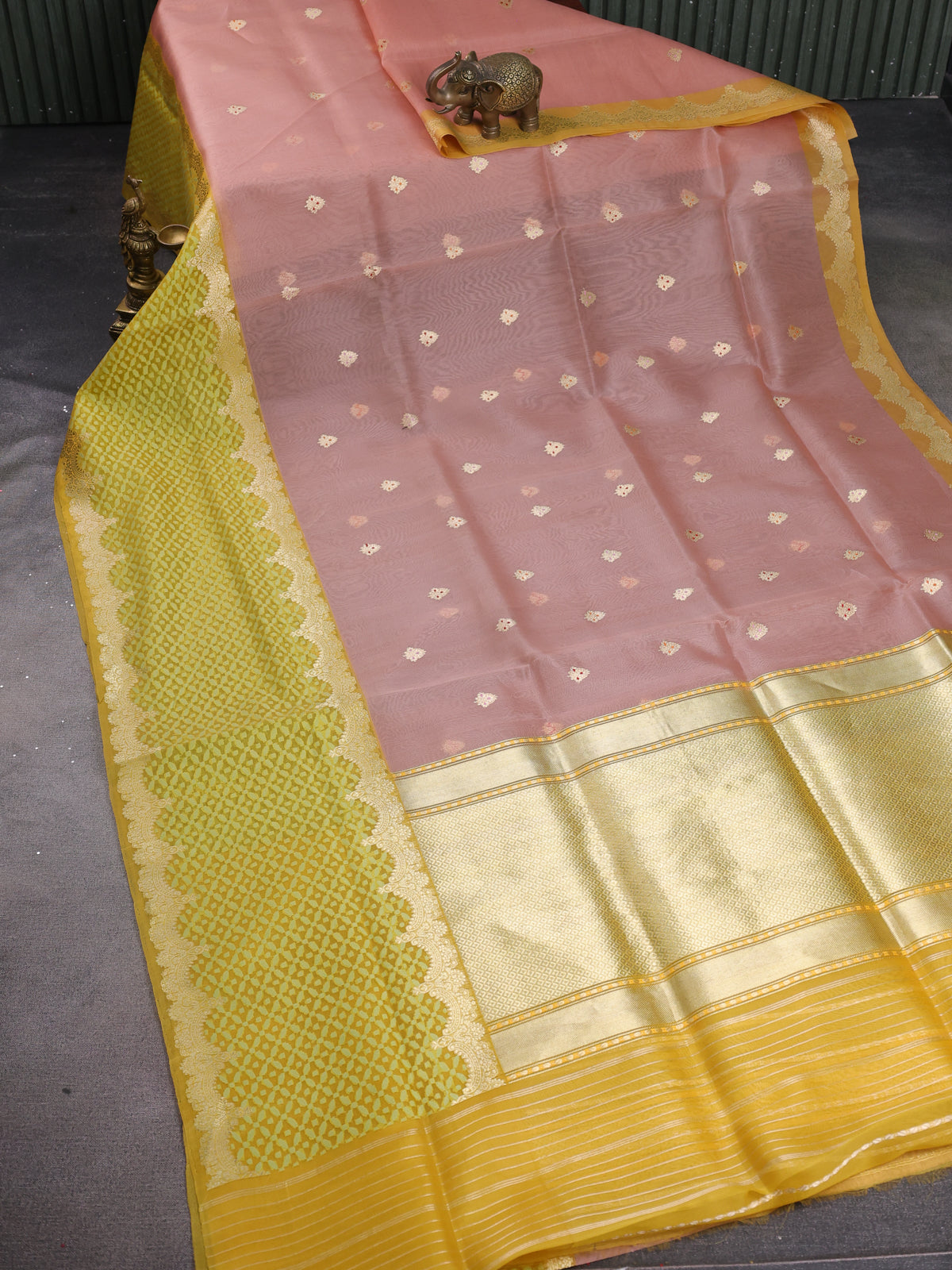 Peach - Yellow Banarasi Kora Saree With Zari Butta Floral Motifi