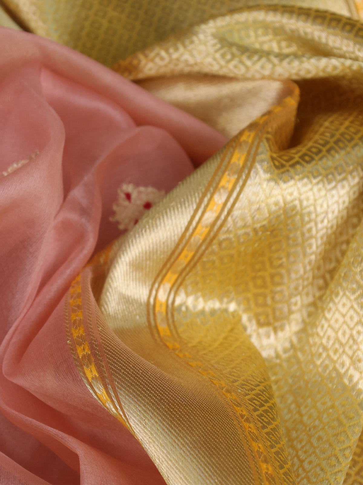Peach - Yellow Banarasi Kora Saree With Zari Butta Floral Motifi