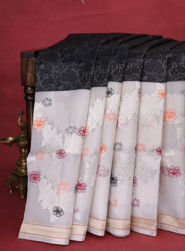 Elephant Grey - Off White Banarasi Silk Saree With Thread Weaves & Long Organza Floral Border