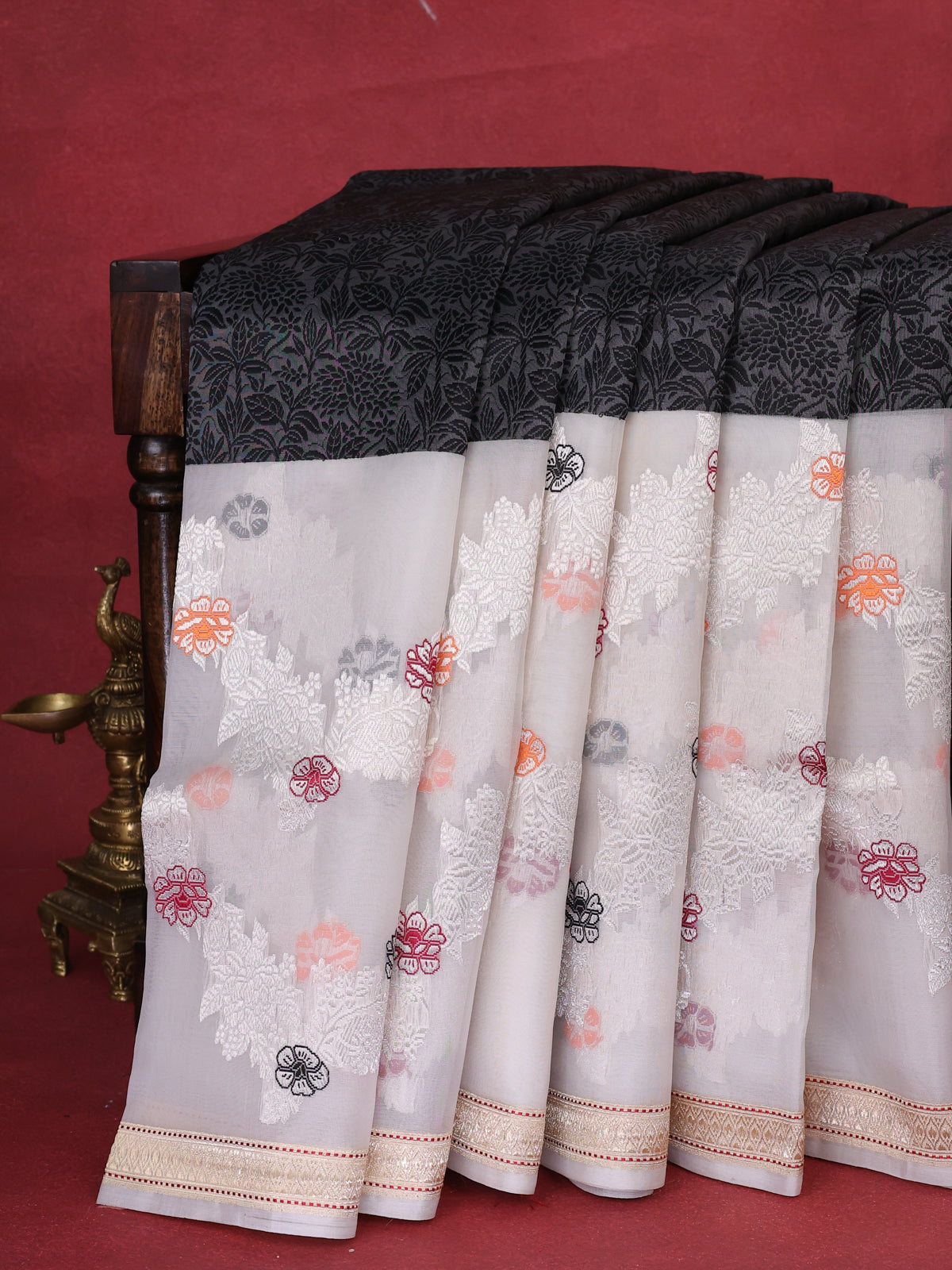 Elephant Grey - Off White Banarasi Silk Saree With Thread Weaves & Long Organza Floral Border