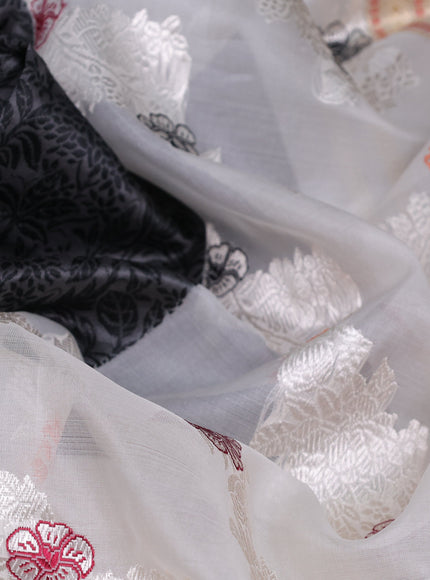 Elephant Grey - Off White Banarasi Silk Saree With Thread Weaves & Long Organza Floral Border