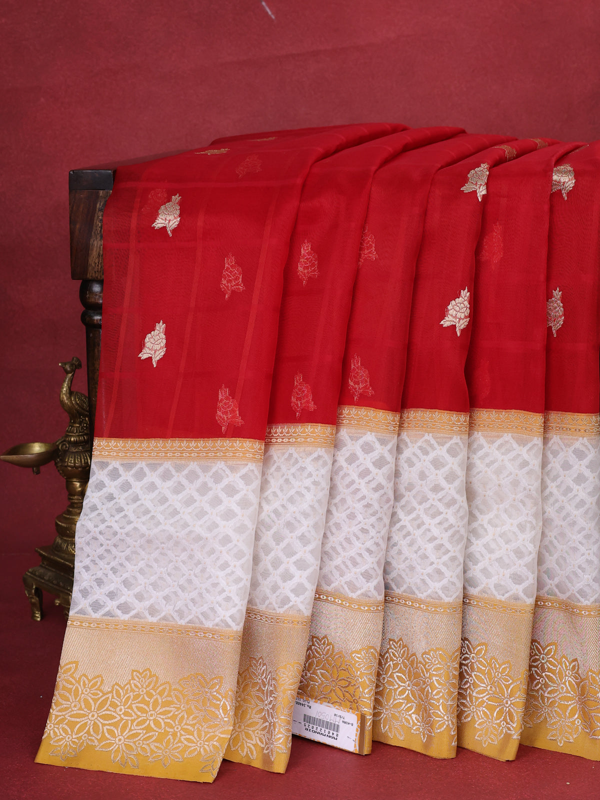 Red - Mustard Yellow Banarasi Kora Silk Saree With Zari Butta Floral Motifi