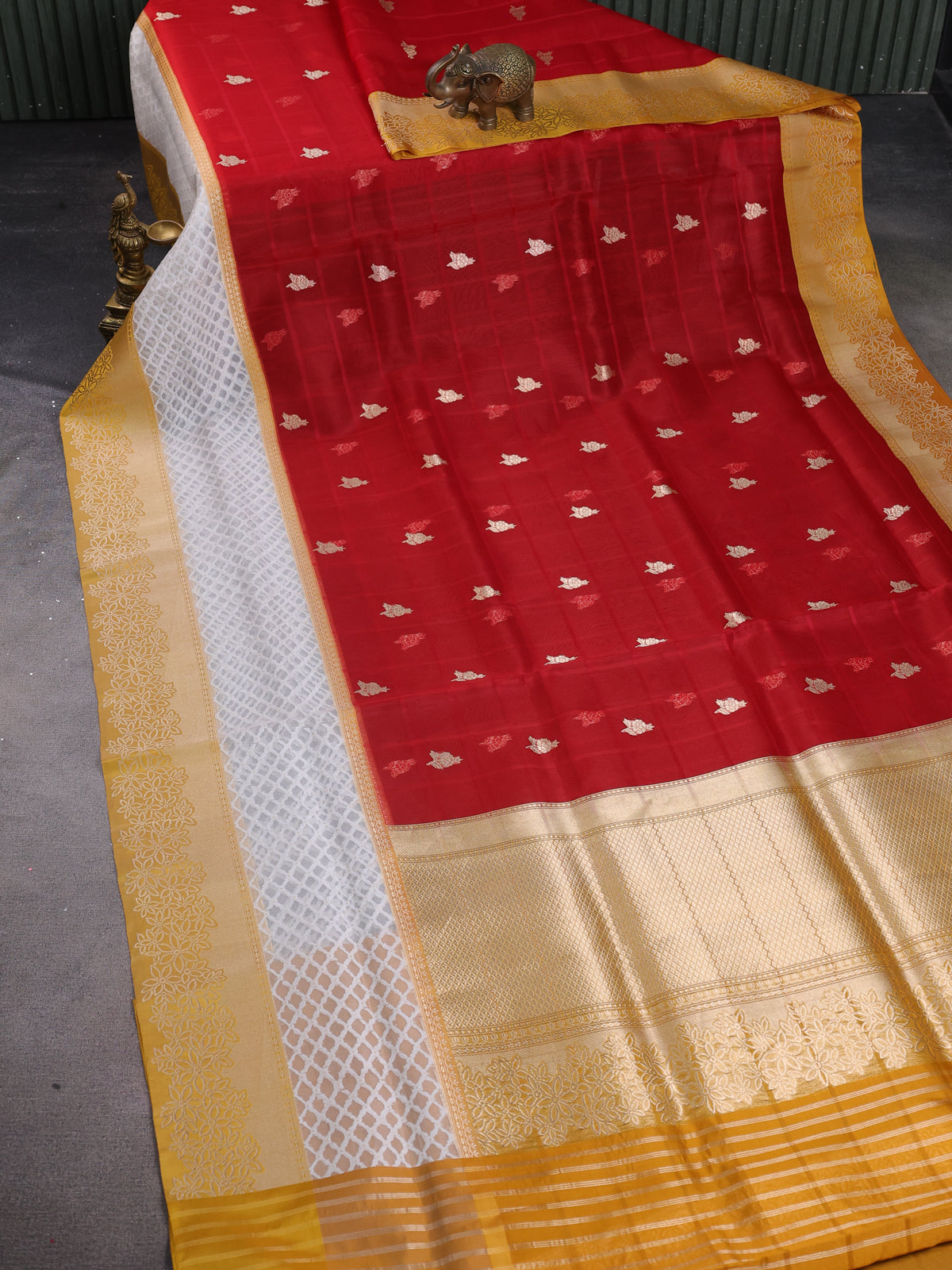 Red - Mustard Yellow Banarasi Kora Silk Saree With Zari Butta Floral Motifi