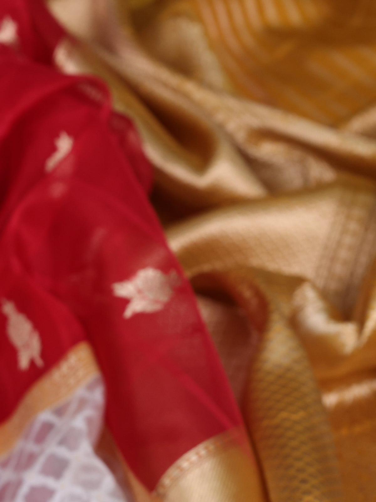 Red - Mustard Yellow Banarasi Kora Silk Saree With Zari Butta Floral Motifi