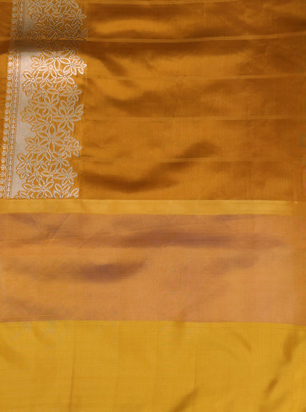 Red - Mustard Yellow Banarasi Kora Silk Saree With Zari Butta Floral Motifi