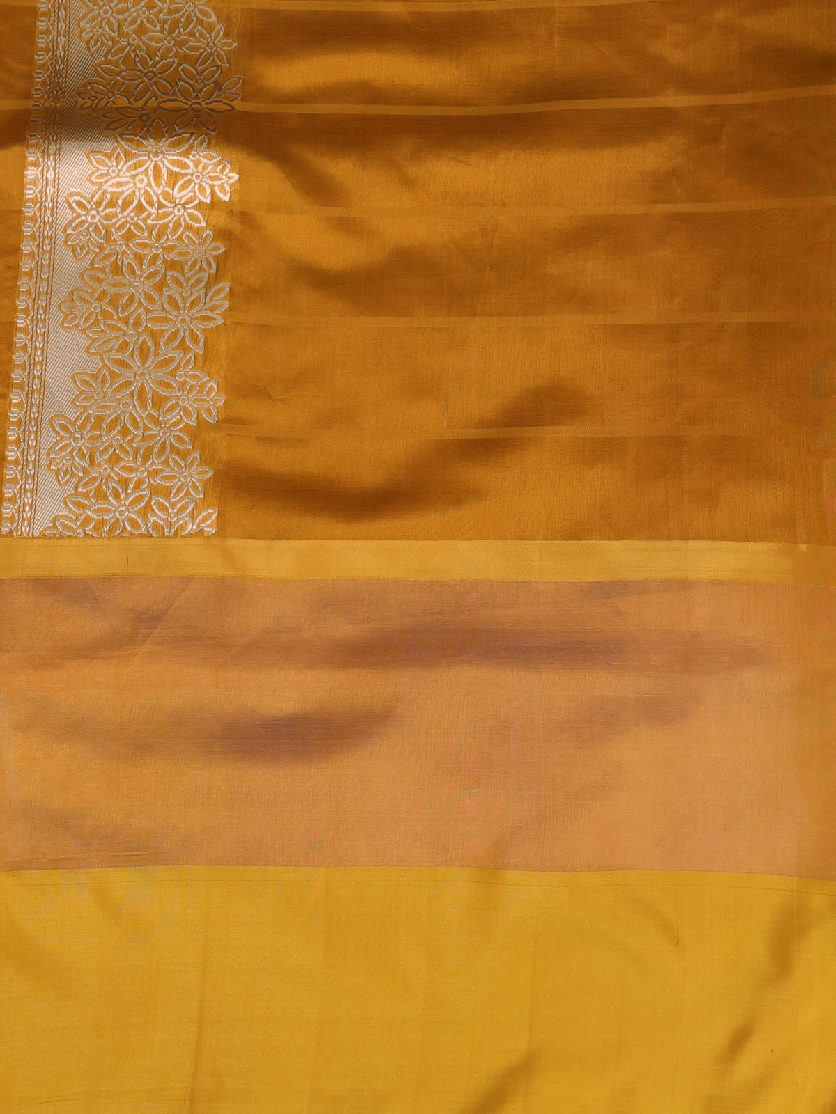 Red - Mustard Yellow Banarasi Kora Silk Saree With Zari Butta Floral Motifi
