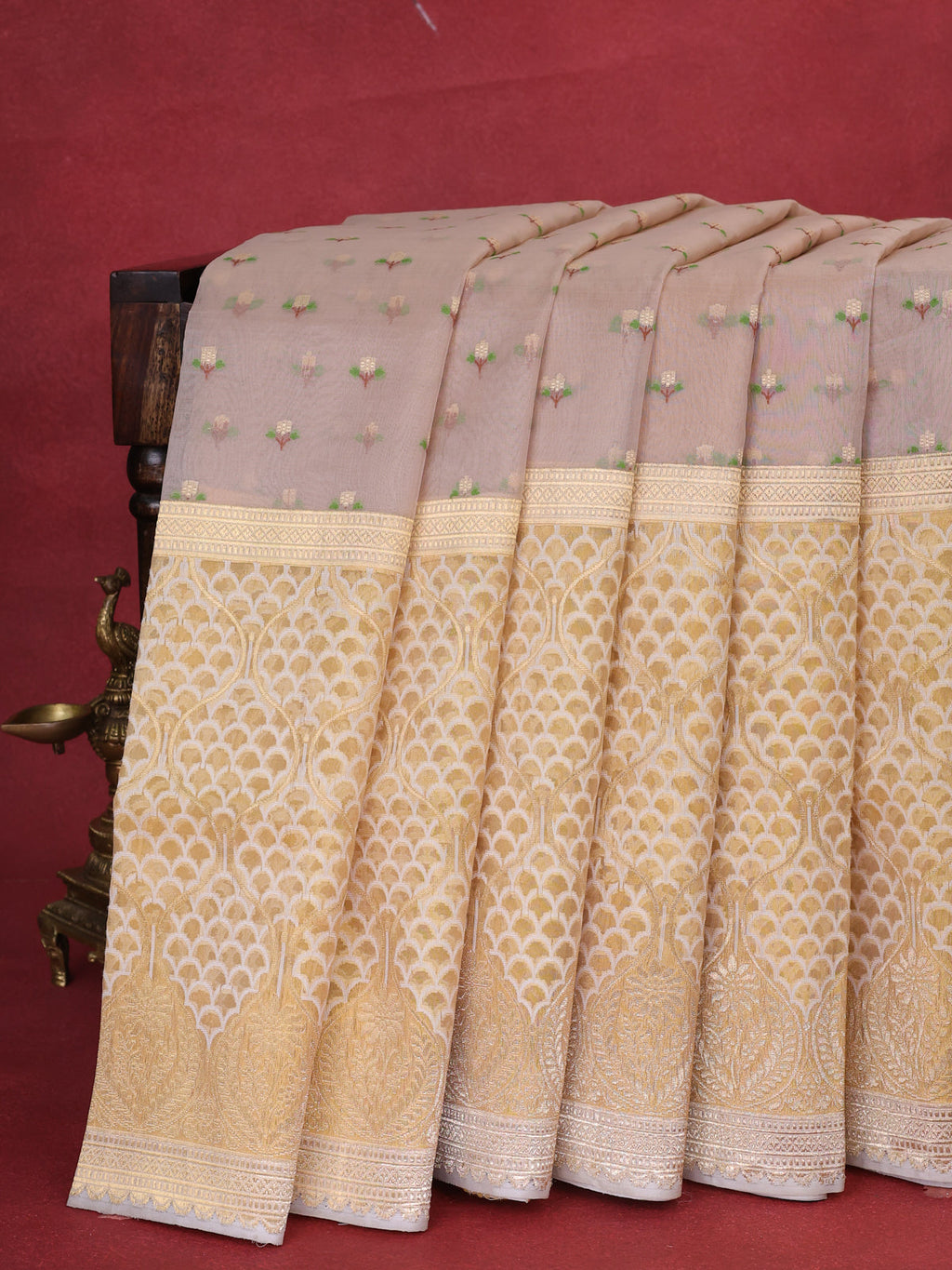 Beige - Mustard Yellow Banarasi Kora Silk Saree With Zari Butta Floral Motifi