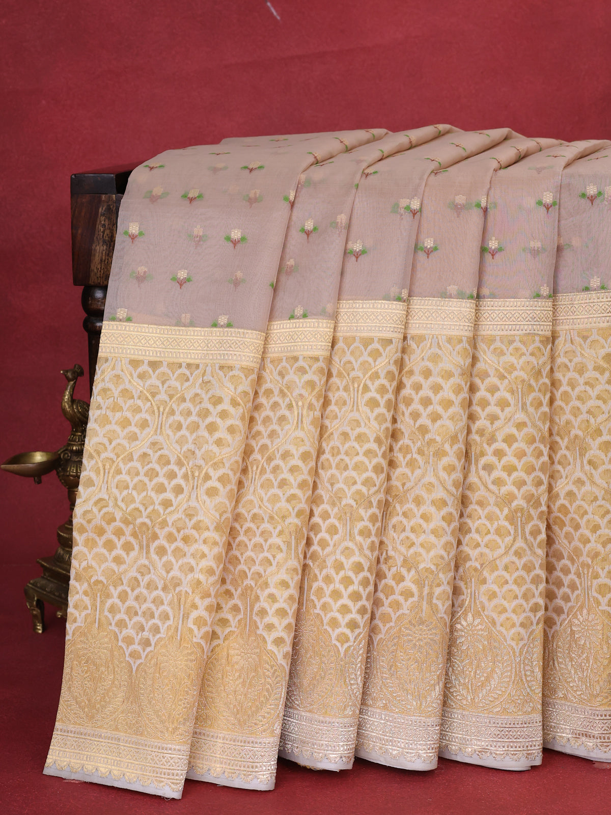 Beige - Mustard Yellow Banarasi Kora Silk Saree With Zari Butta Floral Motifi