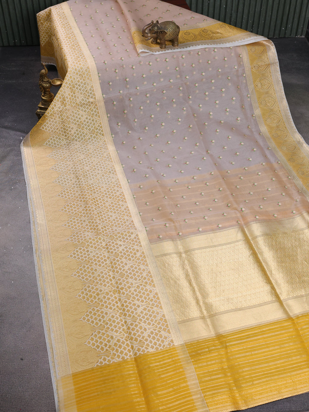 Beige - Mustard Yellow Banarasi Kora Silk Saree With Zari Butta Floral Motifi