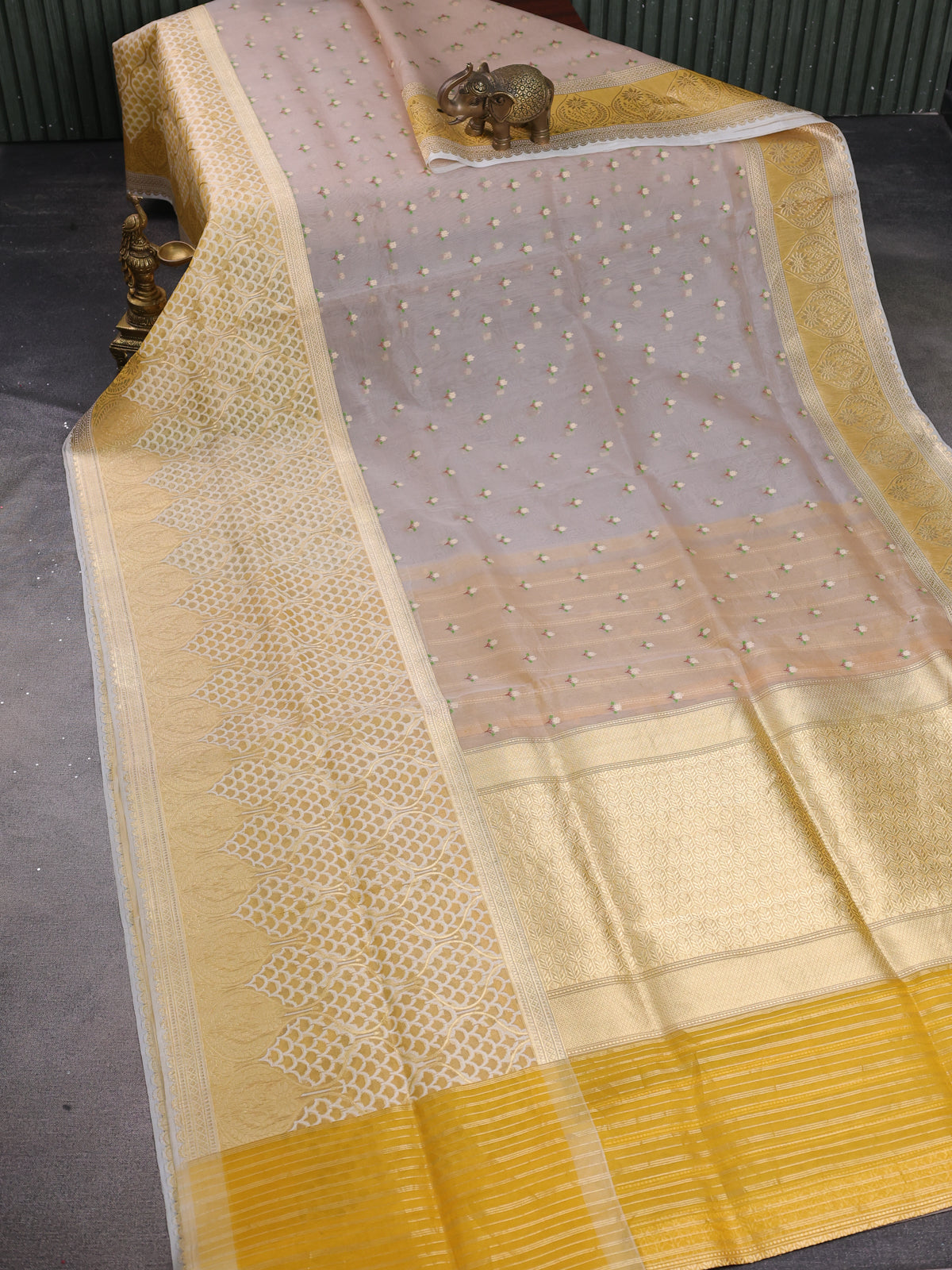 Beige - Mustard Yellow Banarasi Kora Silk Saree With Zari Butta Floral Motifi