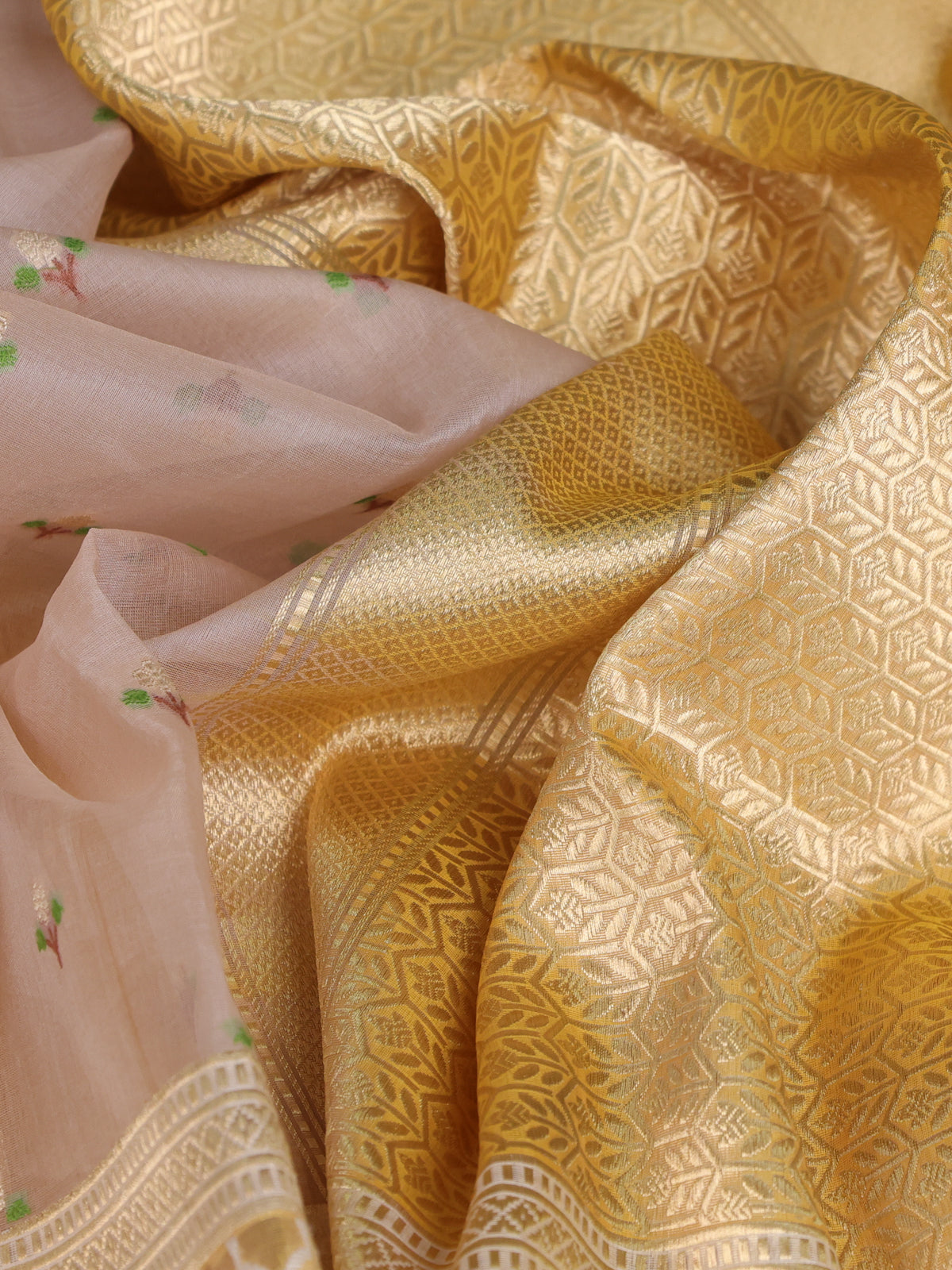 Beige - Mustard Yellow Banarasi Kora Silk Saree With Zari Butta Floral Motifi