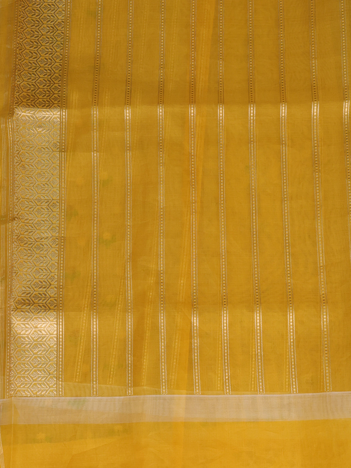 Beige - Mustard Yellow Banarasi Kora Silk Saree With Zari Butta Floral Motifi