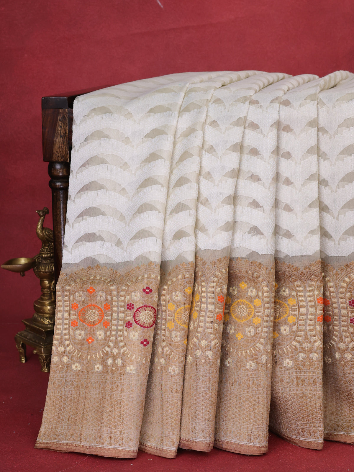 Off White - Dark Sandal Banarasi Kora Silk Saree With Thread Weaves