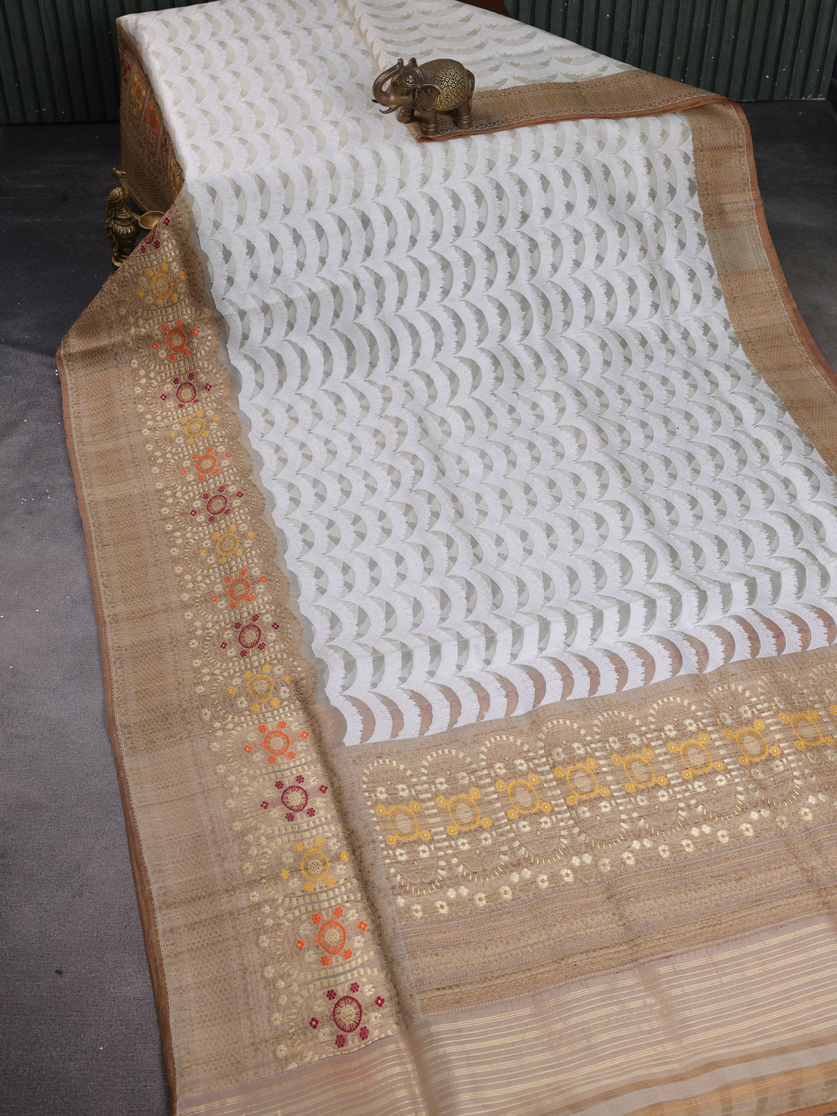 Off White - Dark Sandal Banarasi Kora Silk Saree With Thread Weaves