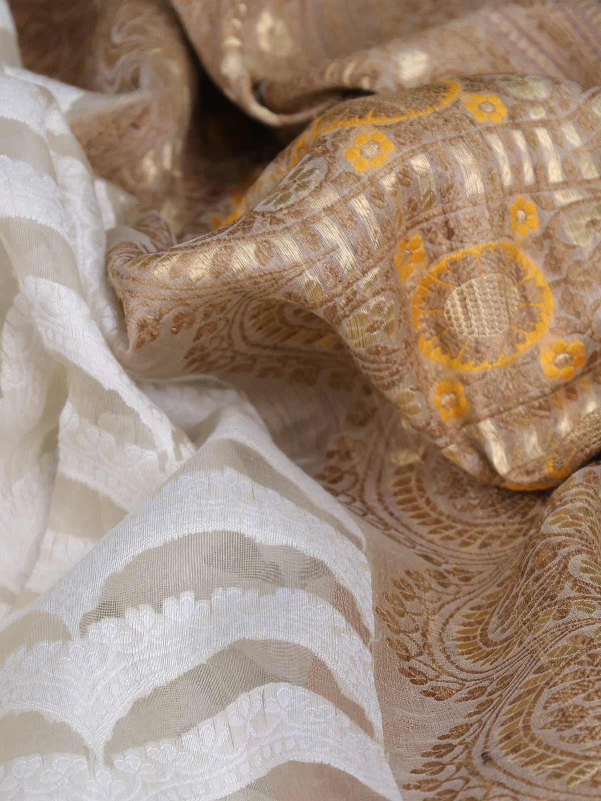 Off White - Dark Sandal Banarasi Kora Silk Saree With Thread Weaves