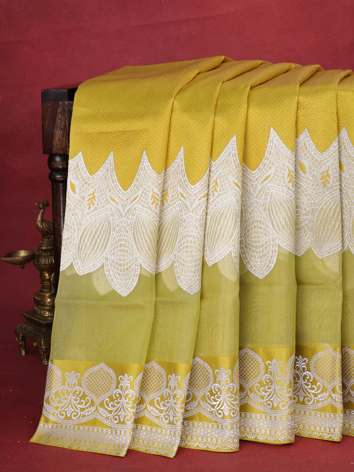 Lime Green - Yellow Banarasi Kora Silk Saree With Thread Weaves