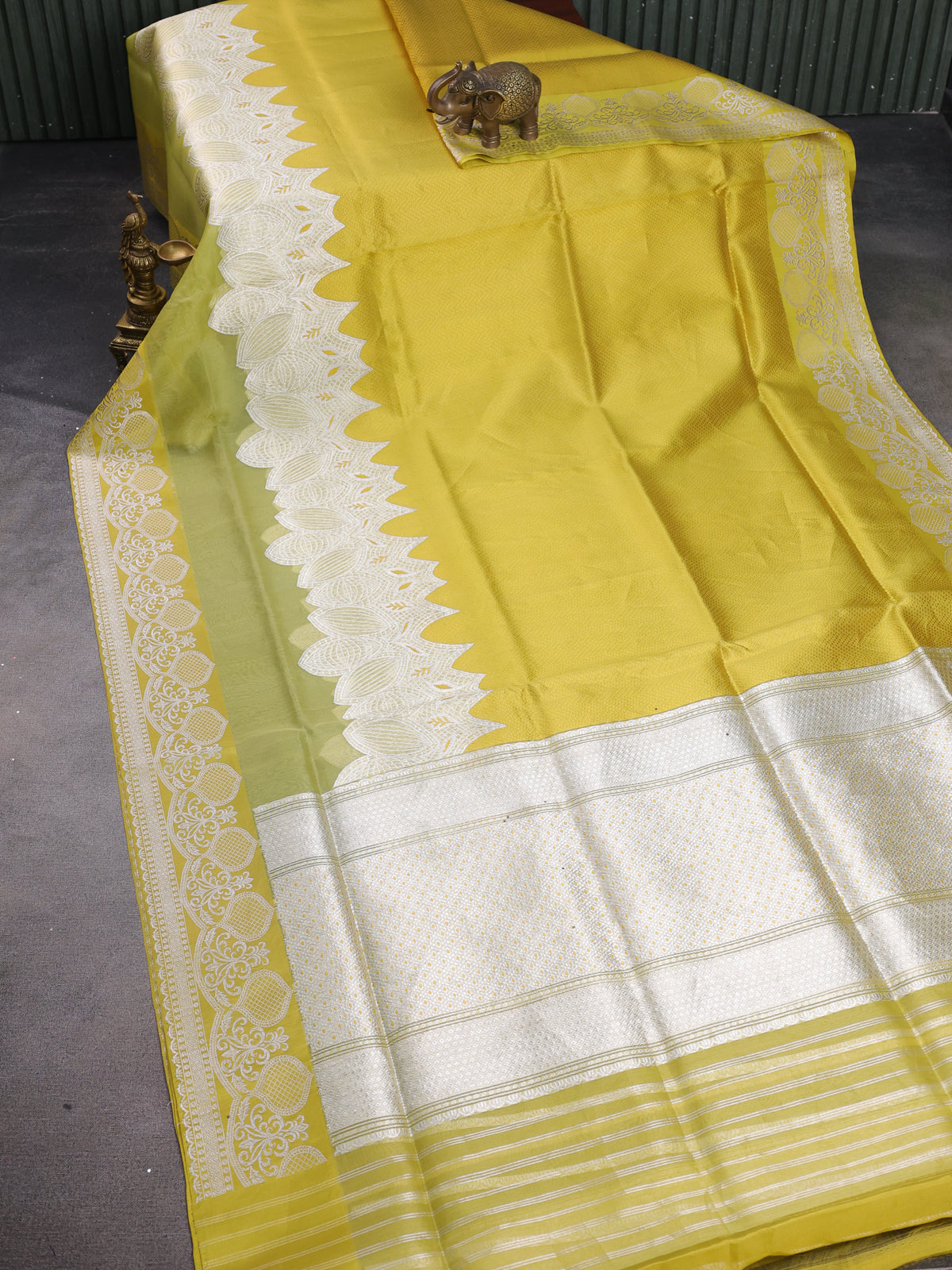 Lime Green - Yellow Banarasi Kora Silk Saree With Thread Weaves