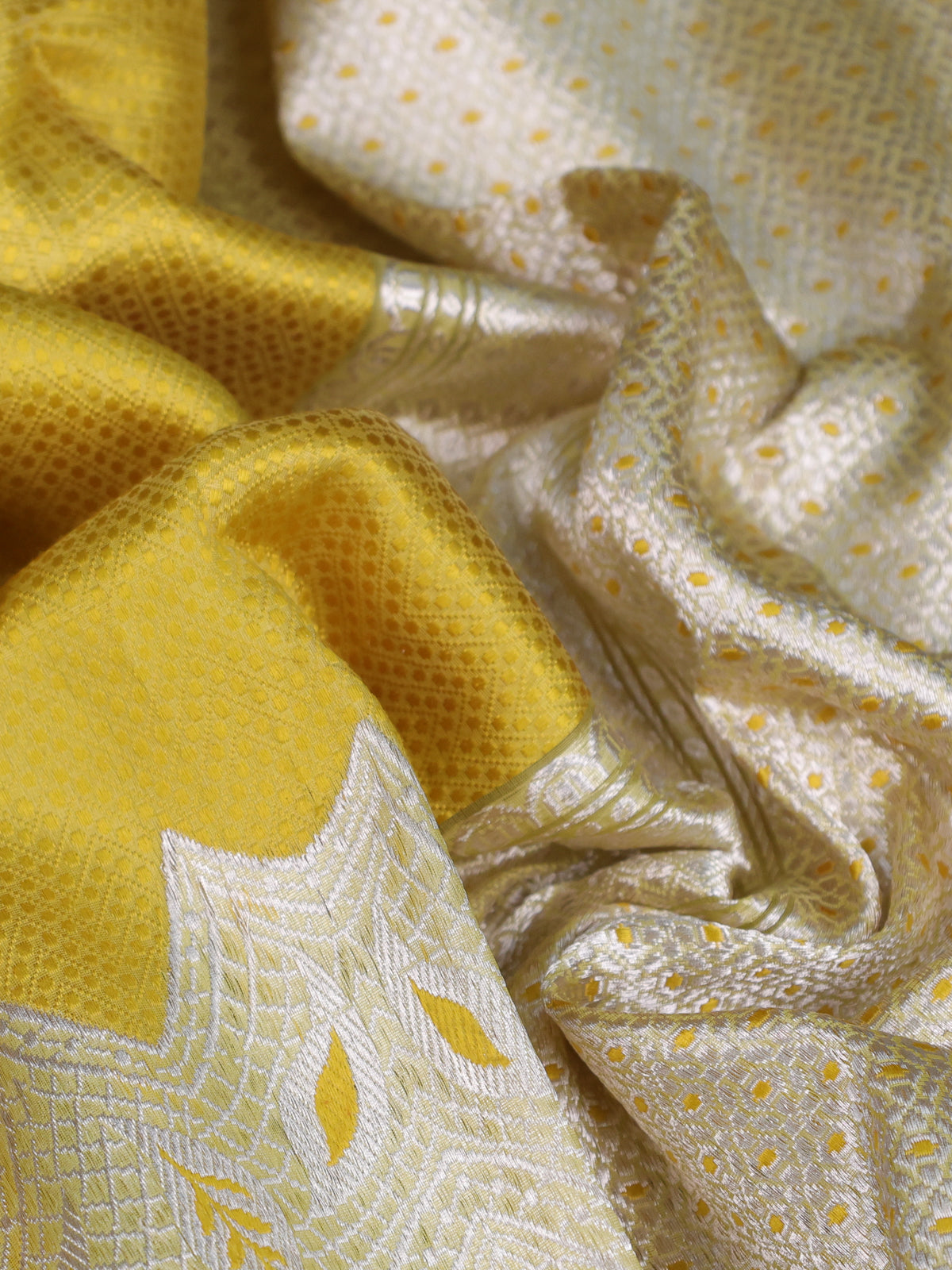 Lime Green - Yellow Banarasi Kora Silk Saree With Thread Weaves