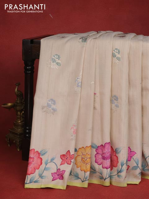 Beige Banarasi Tussar Georgette Silk Saree With Embroided Butta & Hand Painted Border Prints