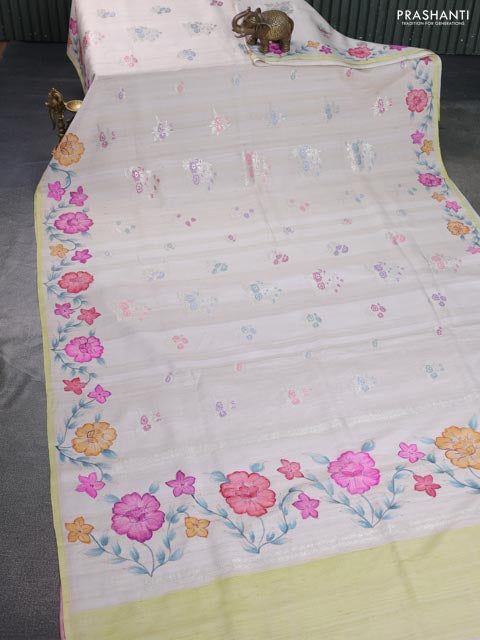 Beige Banarasi Tussar Georgette Silk Saree With Embroided Butta & Hand Painted Border Prints