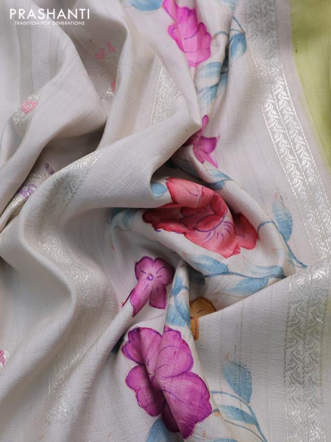 Beige Banarasi Tussar Georgette Silk Saree With Embroided Butta & Hand Painted Border Prints