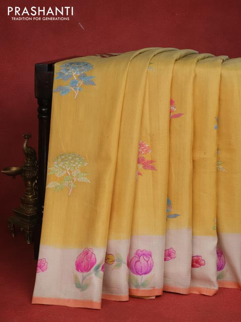 Yellow -Beige Banarasi Tussar Georgette Silk Saree With Embroided Butta & Hand Painted Border Prints