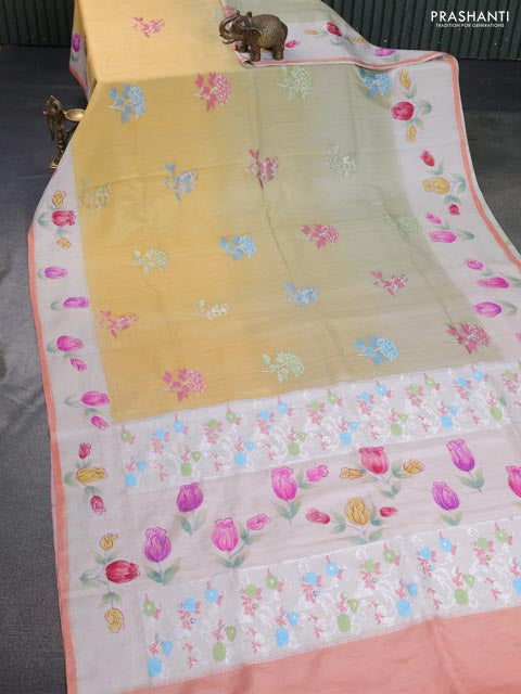 Yellow -Beige Banarasi Tussar Georgette Silk Saree With Embroided Butta & Hand Painted Border Prints